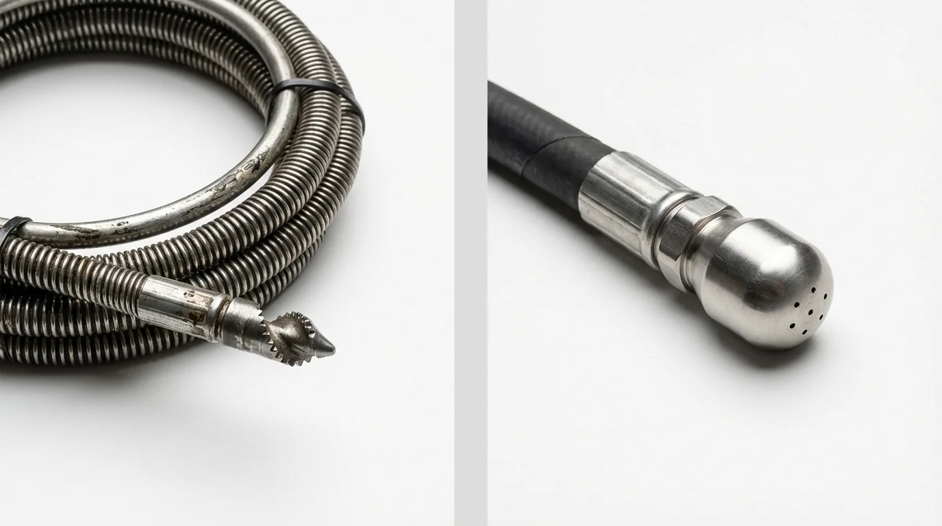 Drain snake cable and hydro jetting nozzle used for drain cleaning in Woodbury, NJ