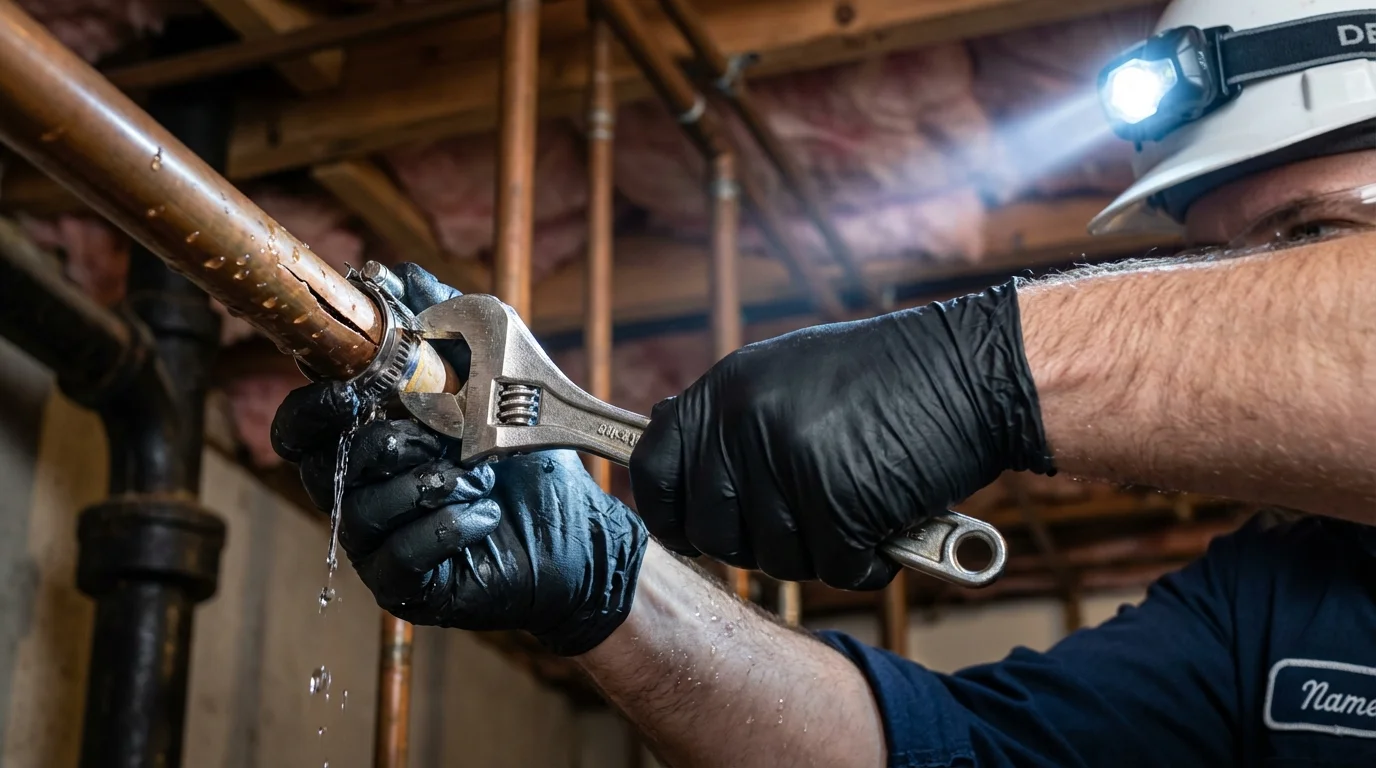 Emergency pipe clamp repair being performed by a Johns Plumbing LLC plumber in Woodbury
