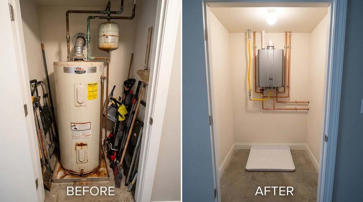 Tank water heater versus wall-mounted tankless unit comparison for Woodbury, NJ homeowners