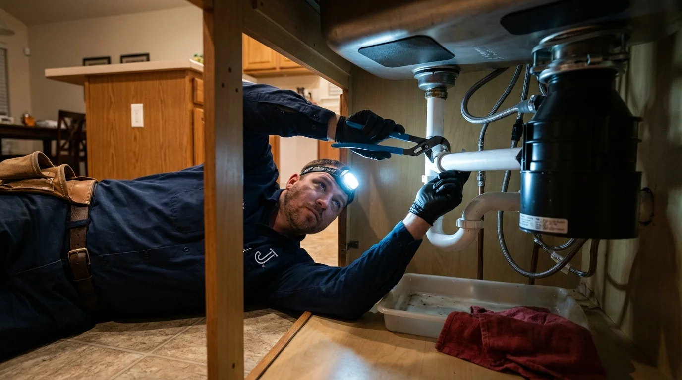 P-trap and supply line connections under a kitchen sink showing a common leak point in Woodbury, NJ